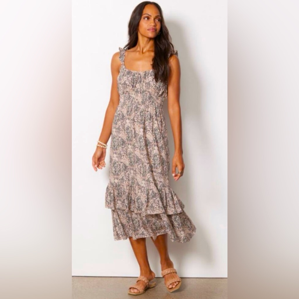 Paige Sleeveless Gisela Abstract Nature Printed Pleated Tiered Midi Dress